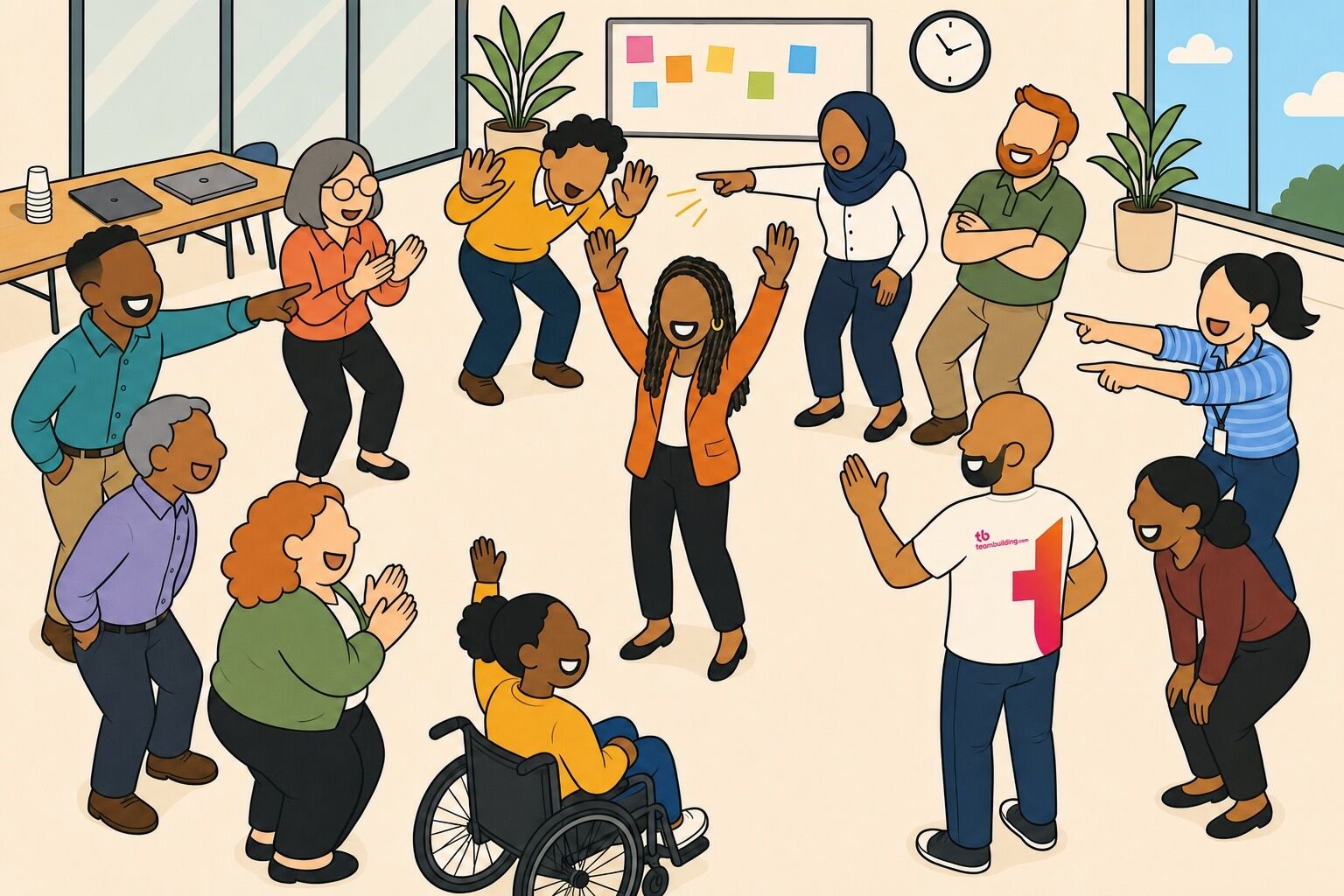 A dozen coworkers standing in a ring in an open-plan office playing a fast-paced improv warm-up game
