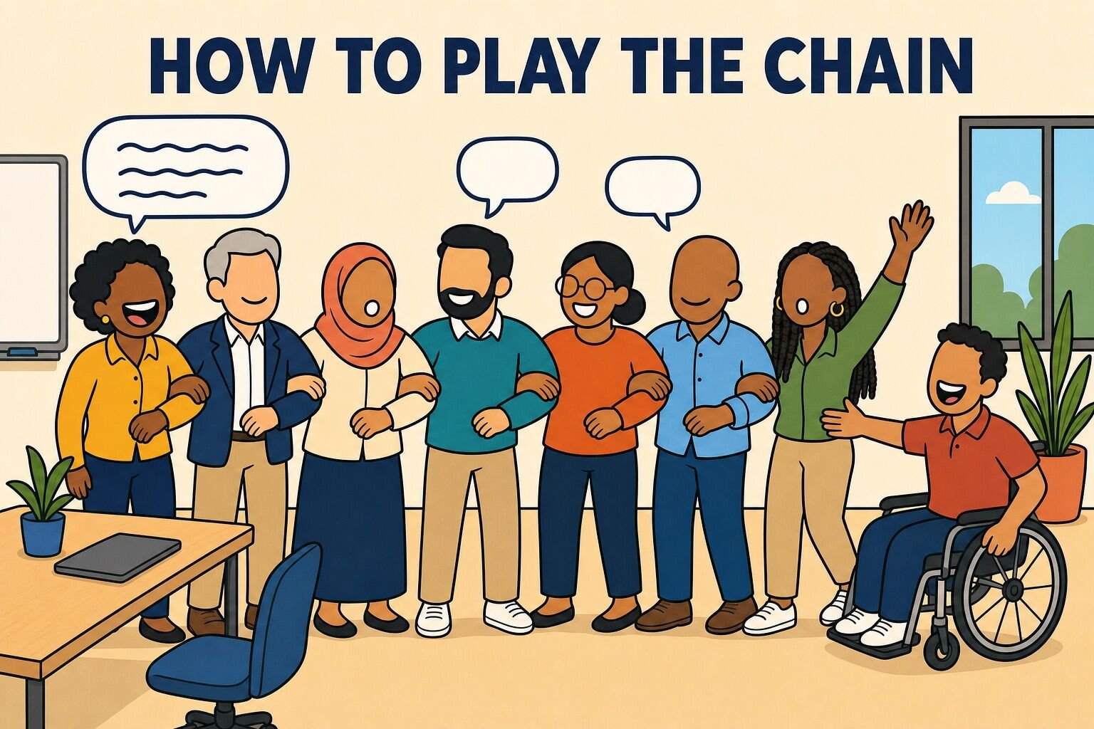 How to play The Chain connection game: a statement, a link, and a growing chain of coworkers