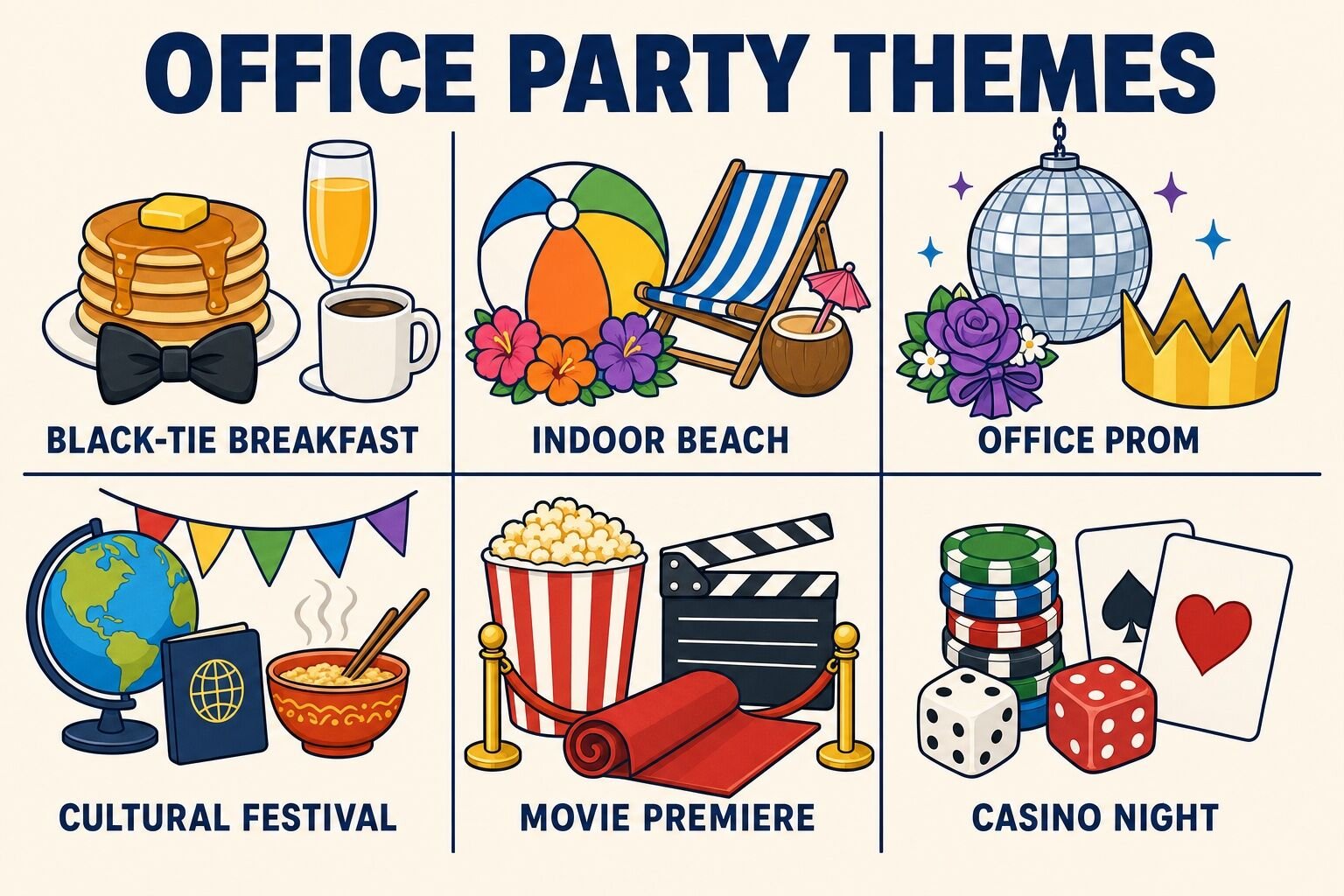 Icon grid of six office party themes: black-tie breakfast, indoor beach, office prom, cultural festival, movie premiere and casino night