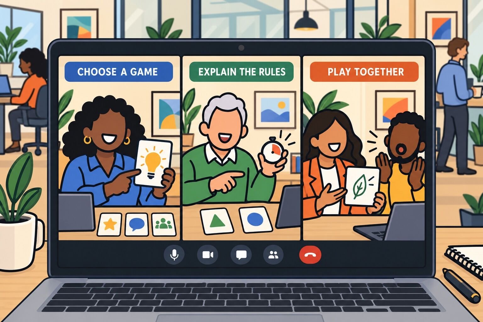 A short remote gathering combines a welcome, a game, and a thank-you round.