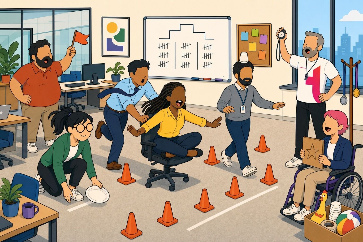 Coworkers racing an office chair through a lane of traffic cones during Office Olympics while a host in a teambuilding.com tee holds a stopwatch