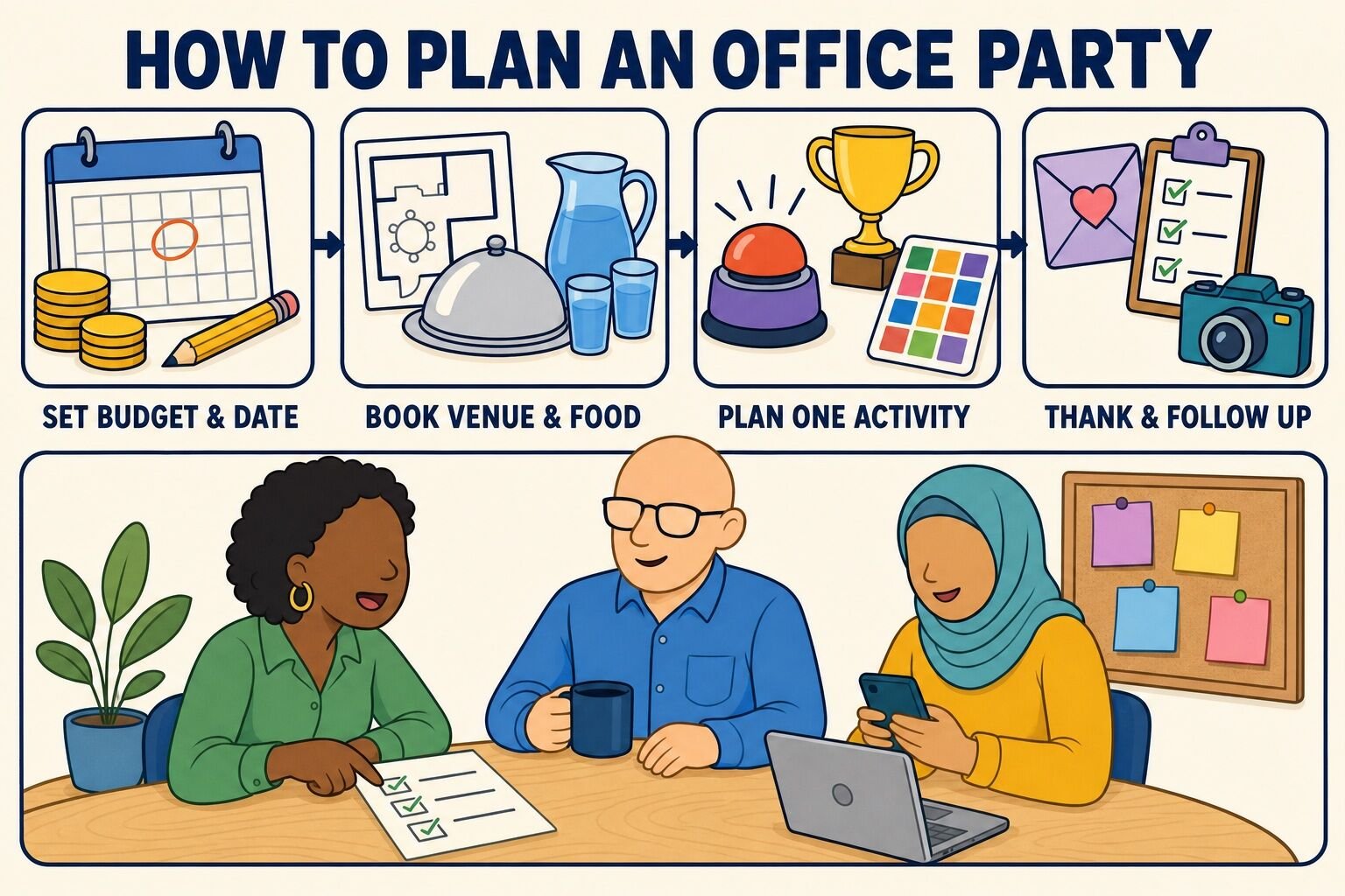Four-step explainer for planning an office party: set budget and date, book venue and food, plan one activity, thank and follow up