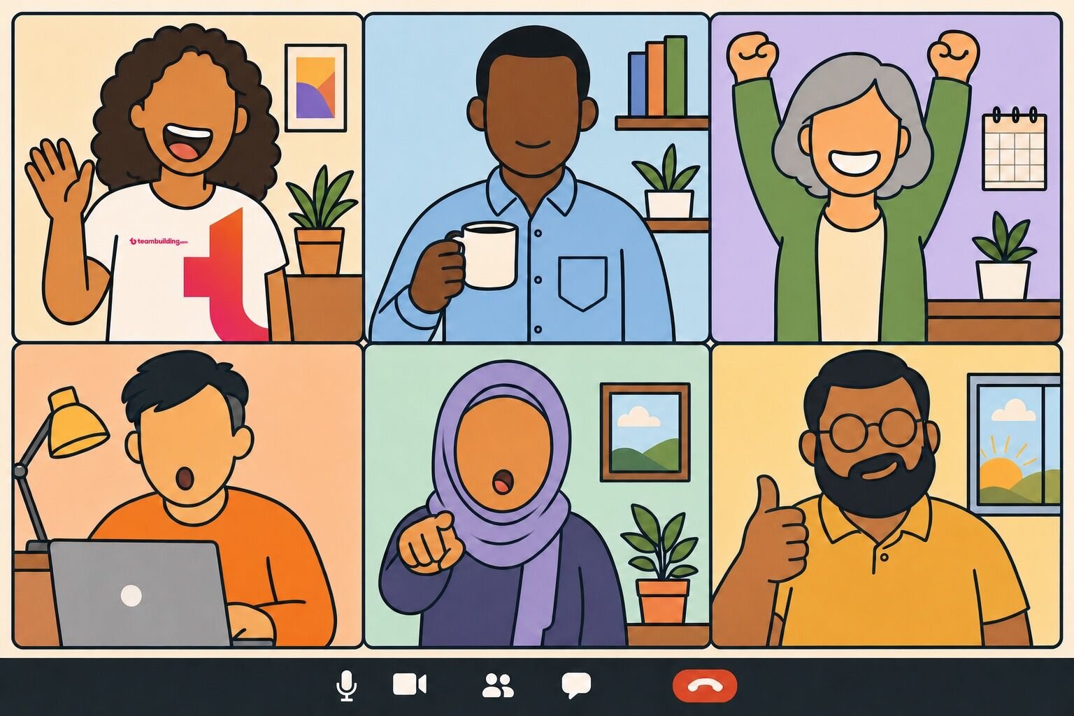 A virtual morning meeting on a video call grid with a teambuilding.com host leading the group