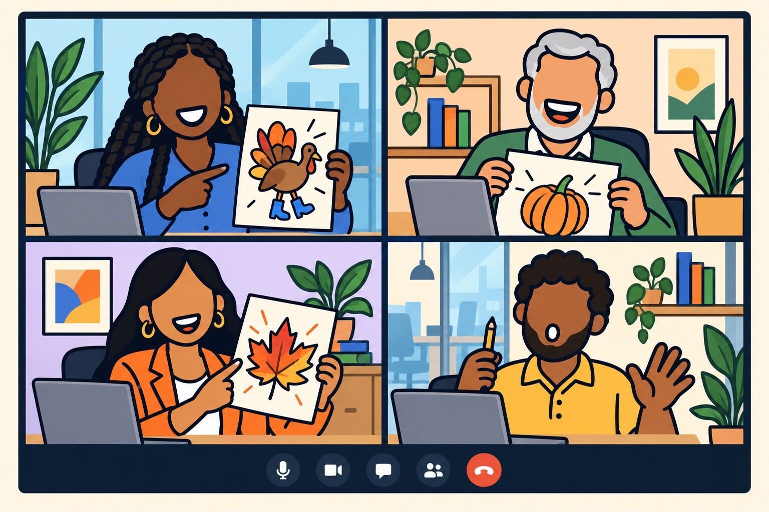 Remote teammates share simple drawings and conversation during an autumn gathering.