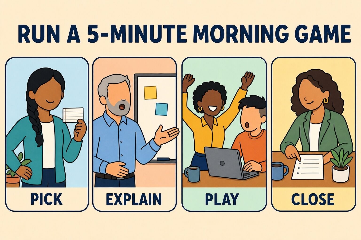 Four steps to run a five-minute morning meeting game: pick, explain, play, close