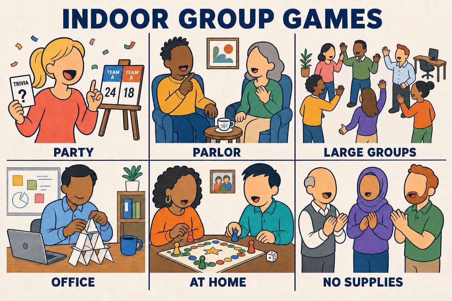 A grid of indoor group game types: party games, parlor games, large group games, office games, games at home and games with no supplies