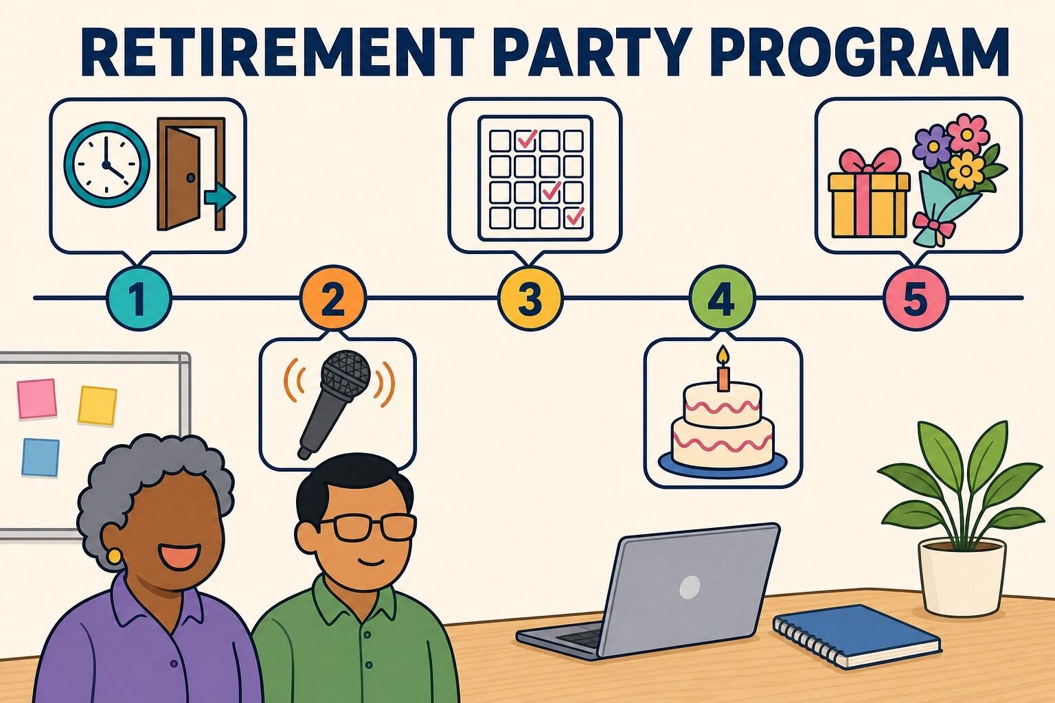 Retirement party program timeline showing arrival, toasts, games, cake and gift