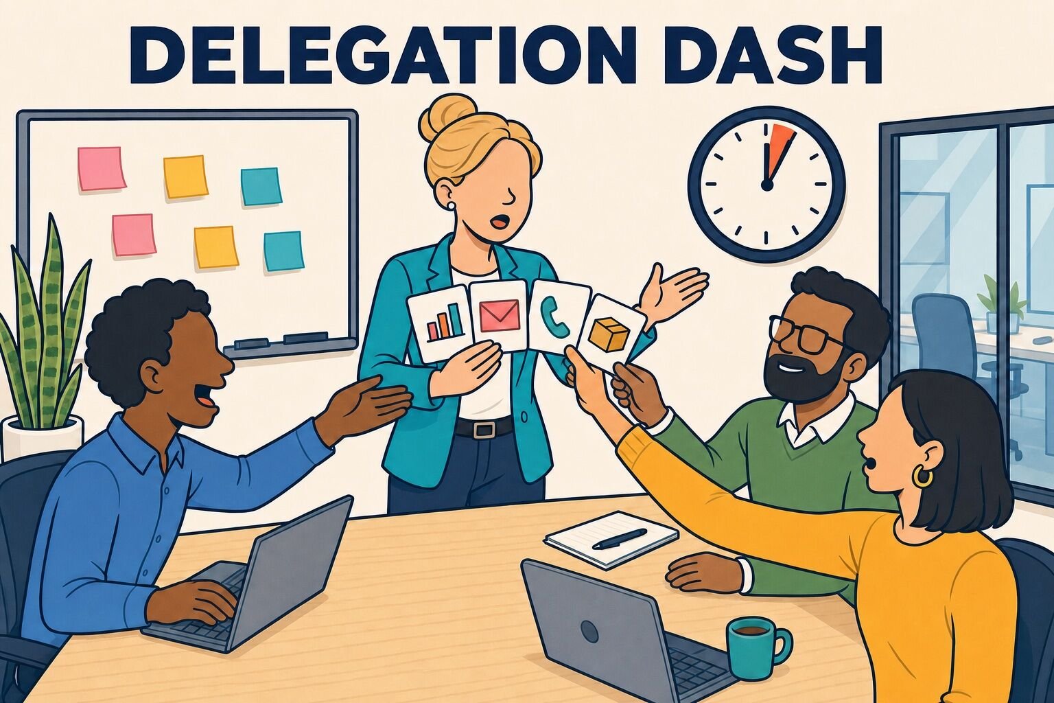 A new manager hands out task cards to teammates during a Delegation Dash game in an office