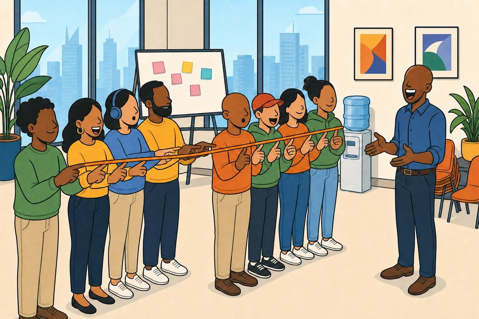 A large group balances a helium stick on their fingertips during a leadership retreat session