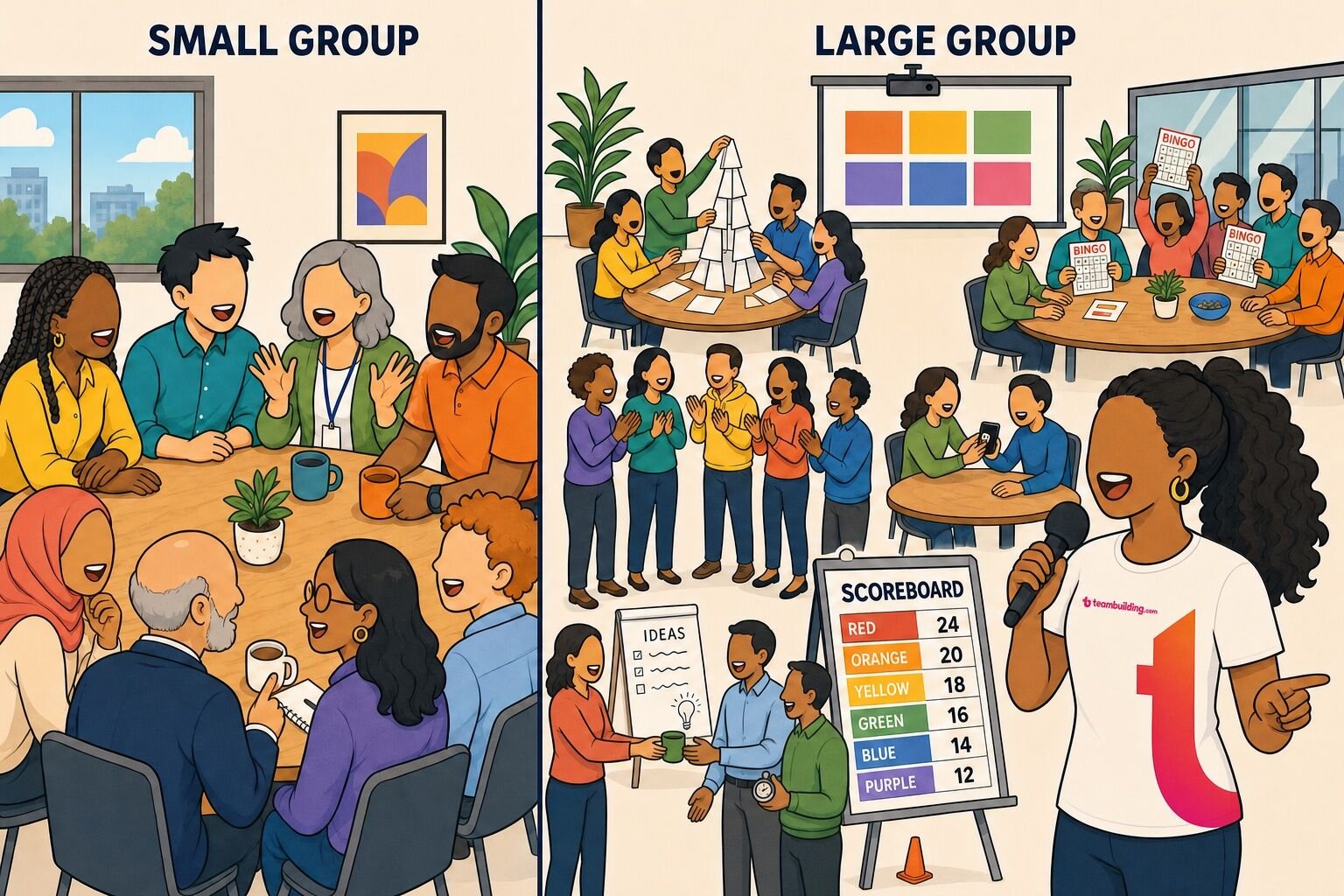 Two office rooms compared: a small group of eight around one table and a large group of thirty split into breakout teams