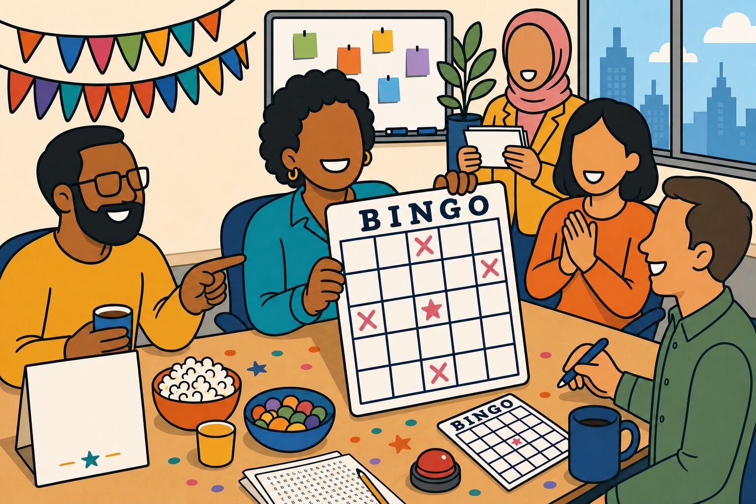 Coworkers playing retirement bingo and trivia at an office retirement party