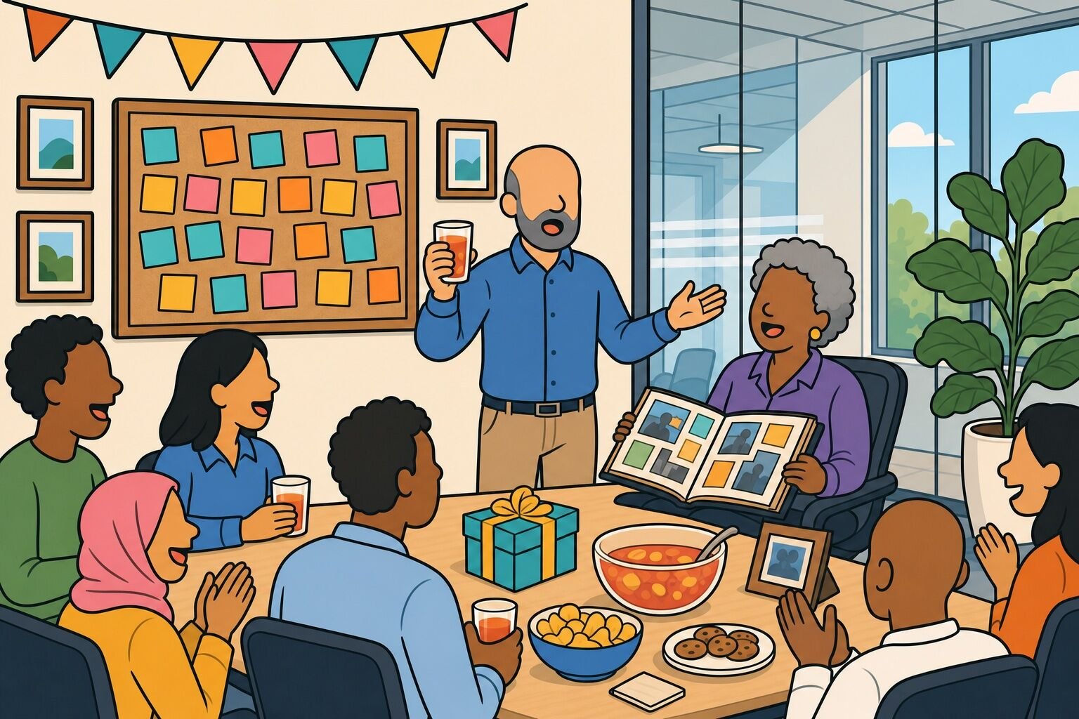 A coworker raising a toast at an office retirement party beside a memory board of sticky notes