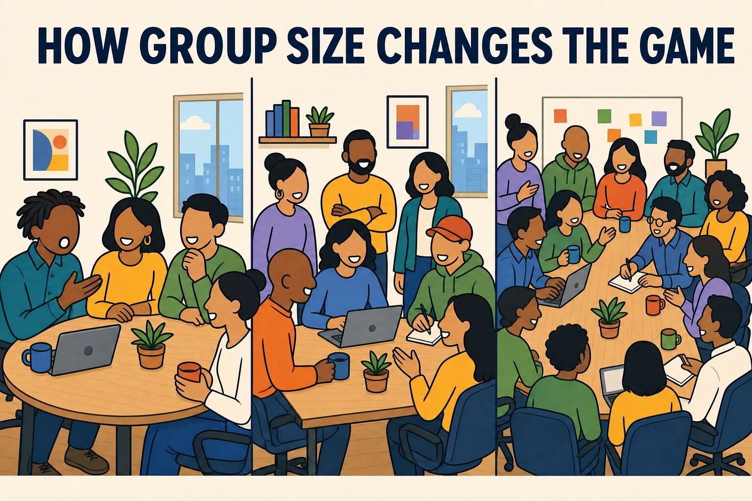 How group size changes a team building activity: under 15, 15 to 40, and 40 or more people