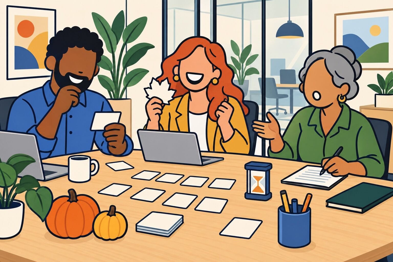 Coworkers play an autumn word game while seated at a meeting table.