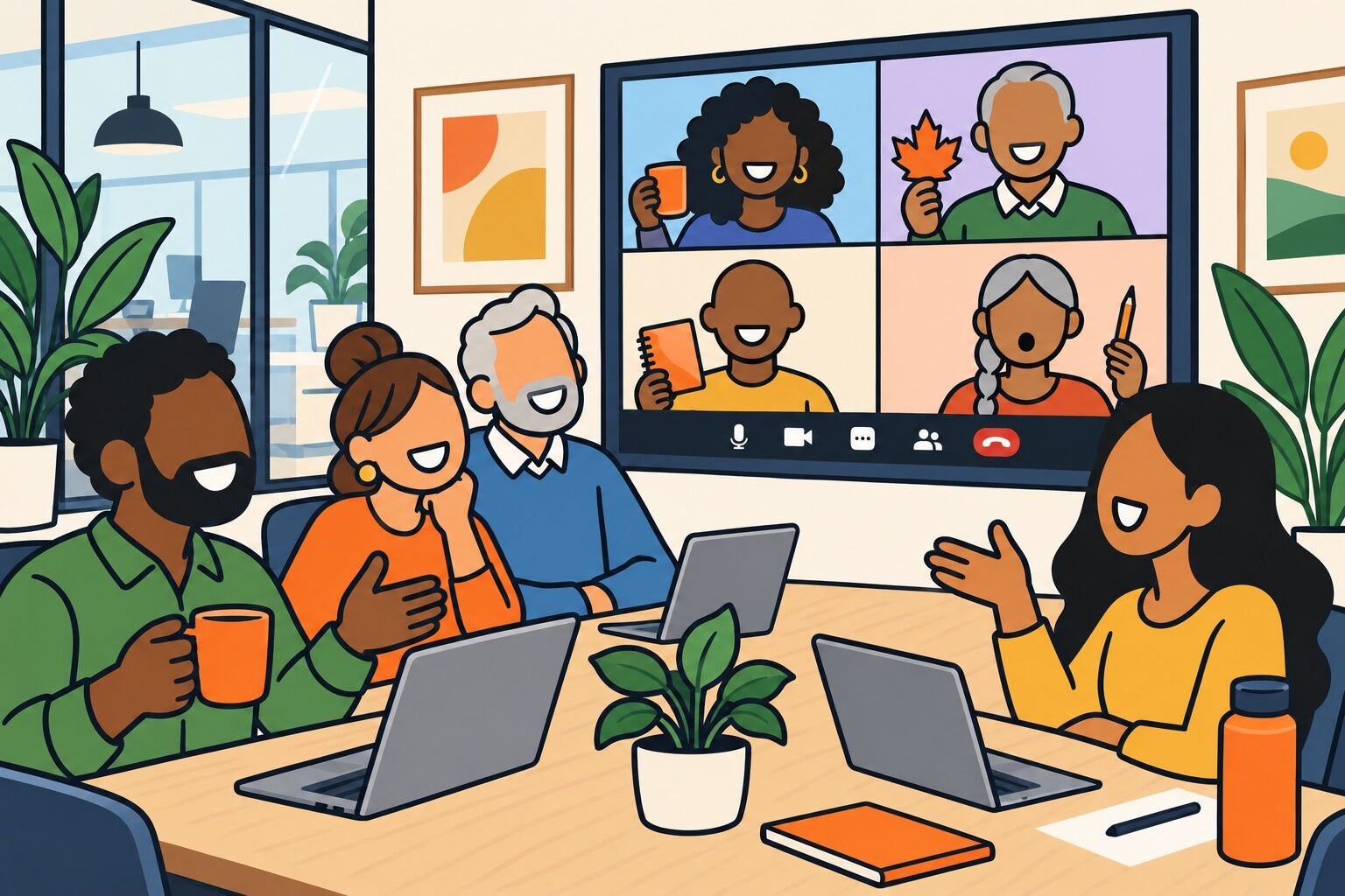 Remote teammates share autumn-colored objects during a video-call game.