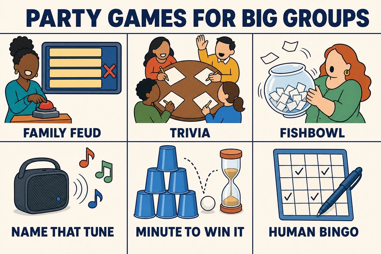 Six large group party games for adults, including Family Feud, trivia, Fishbowl and Name That Tune