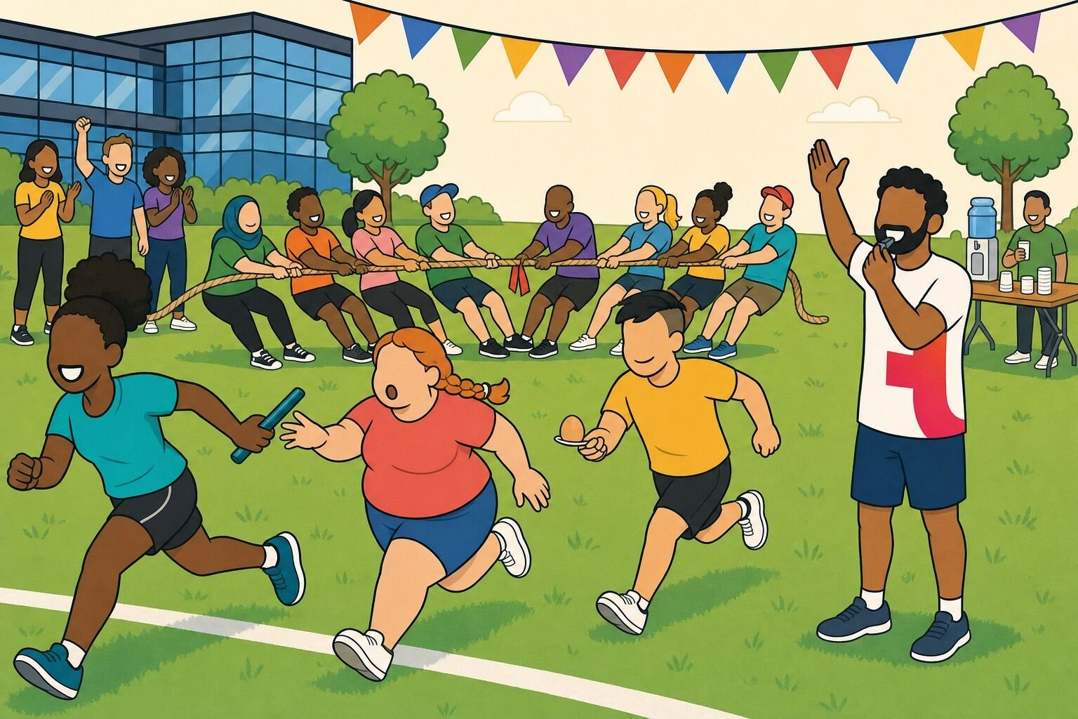 A large group playing outdoor field day games at a company event