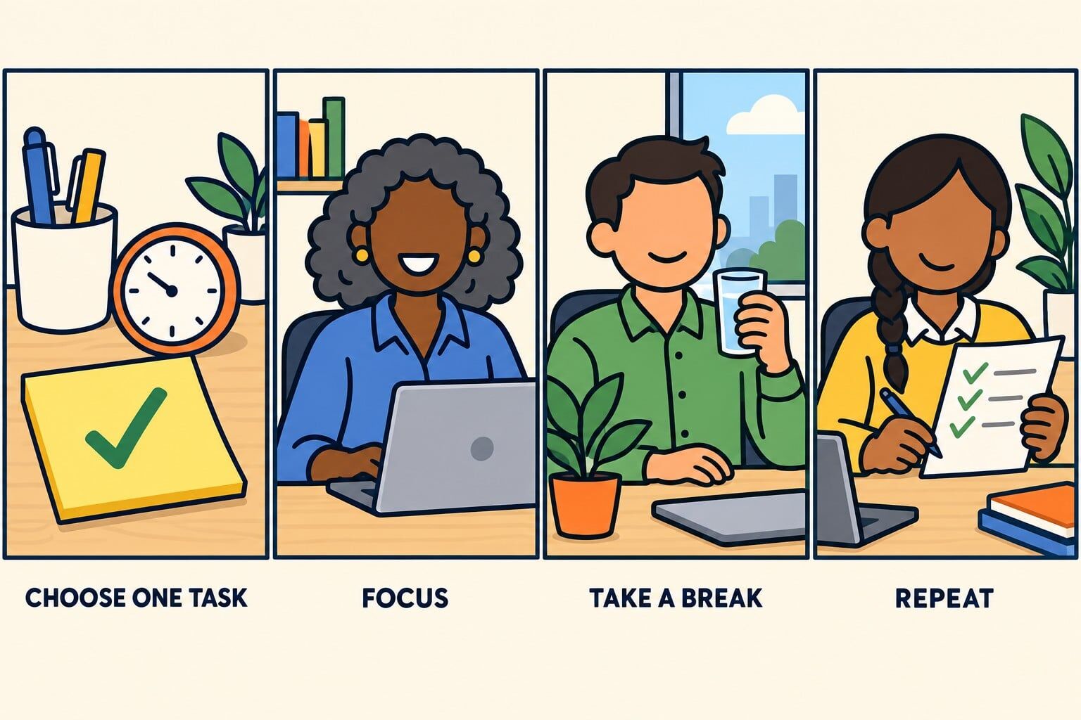 Four steps: choose one task, focus, take a break, and repeat.
