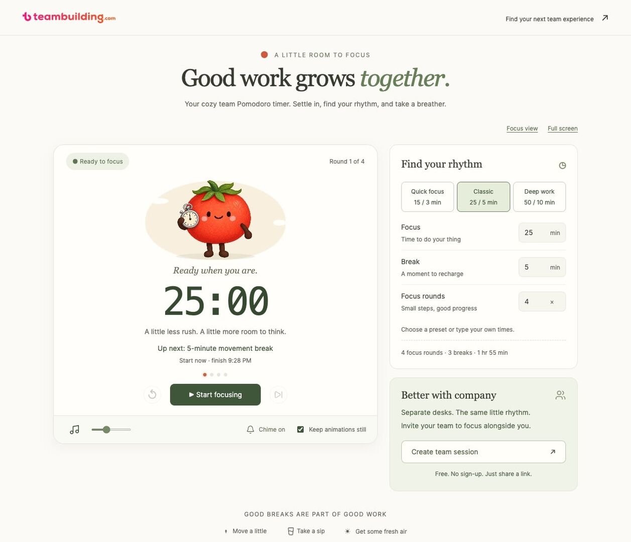 teambuilding.com Team Pomodoro Timer showing a 25-minute countdown, tomato holding a stopwatch, schedule presets, and Create team session button.