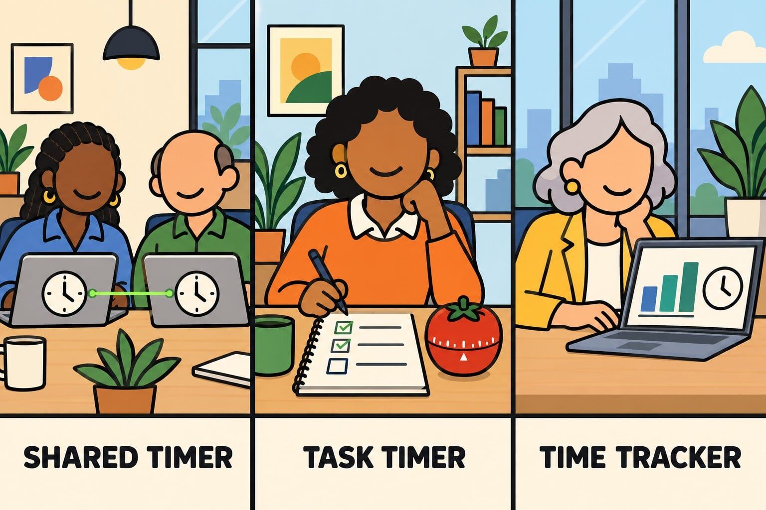 Three timer uses: coworkers sharing a countdown, a task list beside a timer, and a time-tracking report.