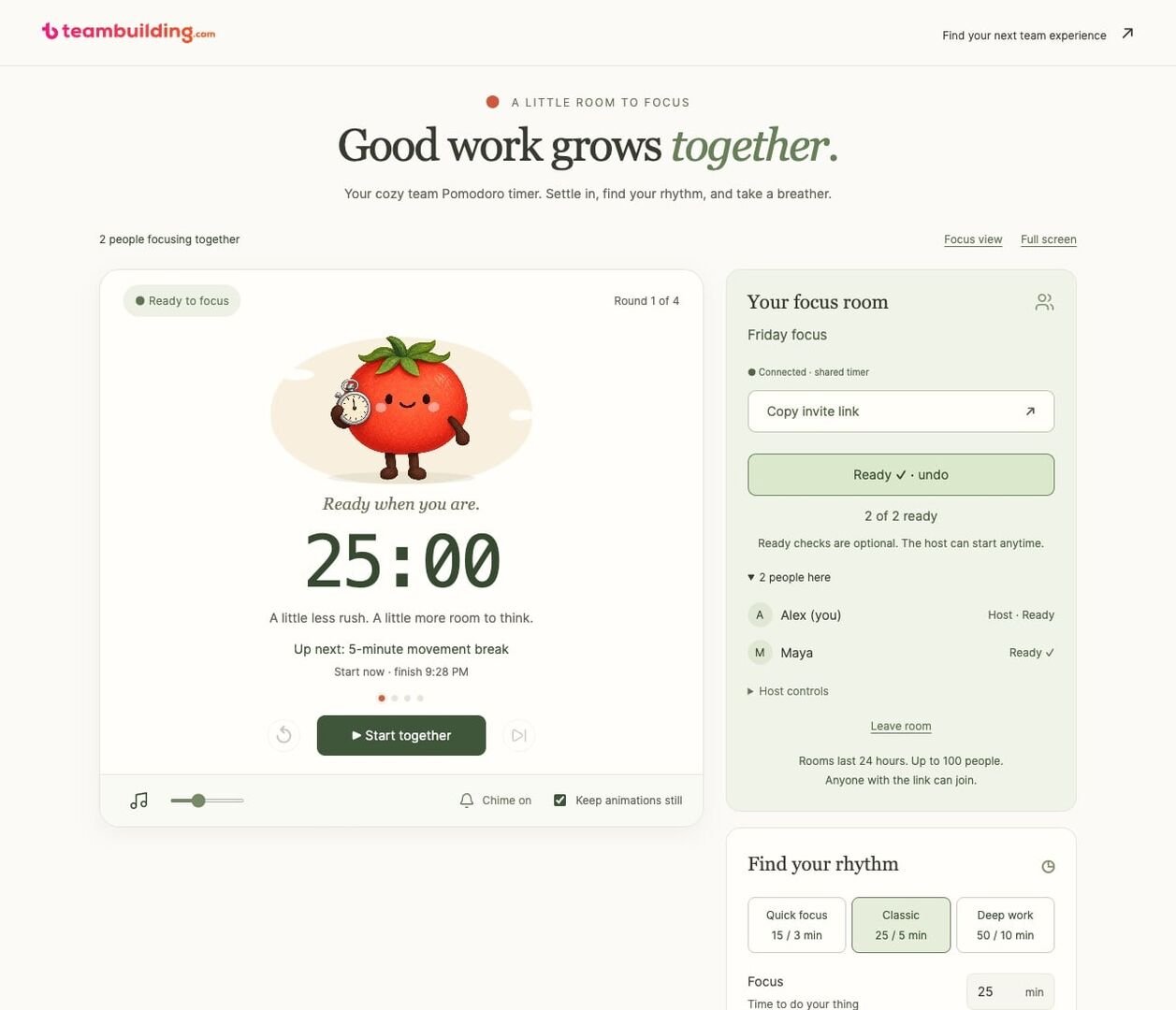 A Team Pomodoro Timer room with two named participants marked ready and the host's Start together button.