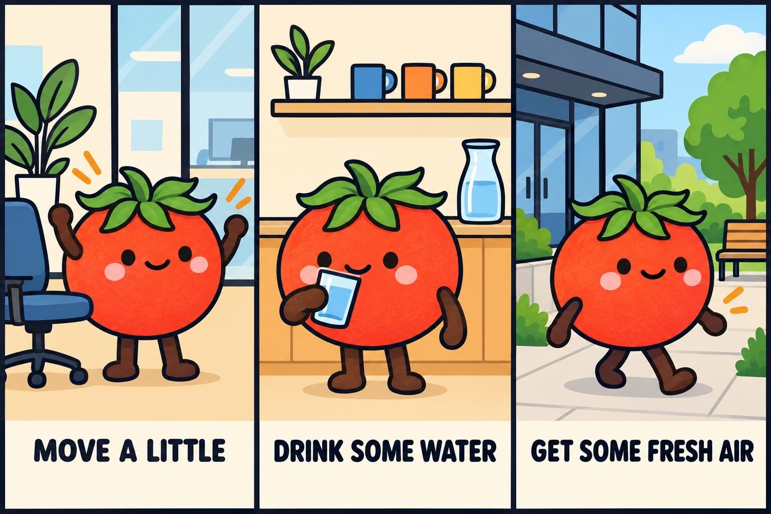 The tomato mascot stretches, drinks water, and walks outside during three different breaks.