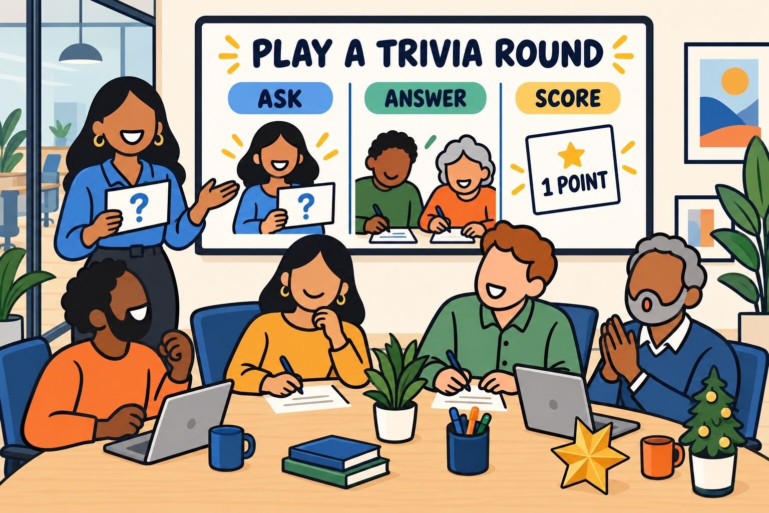 A quiz host reads a card while teams write answers and keep a simple score.