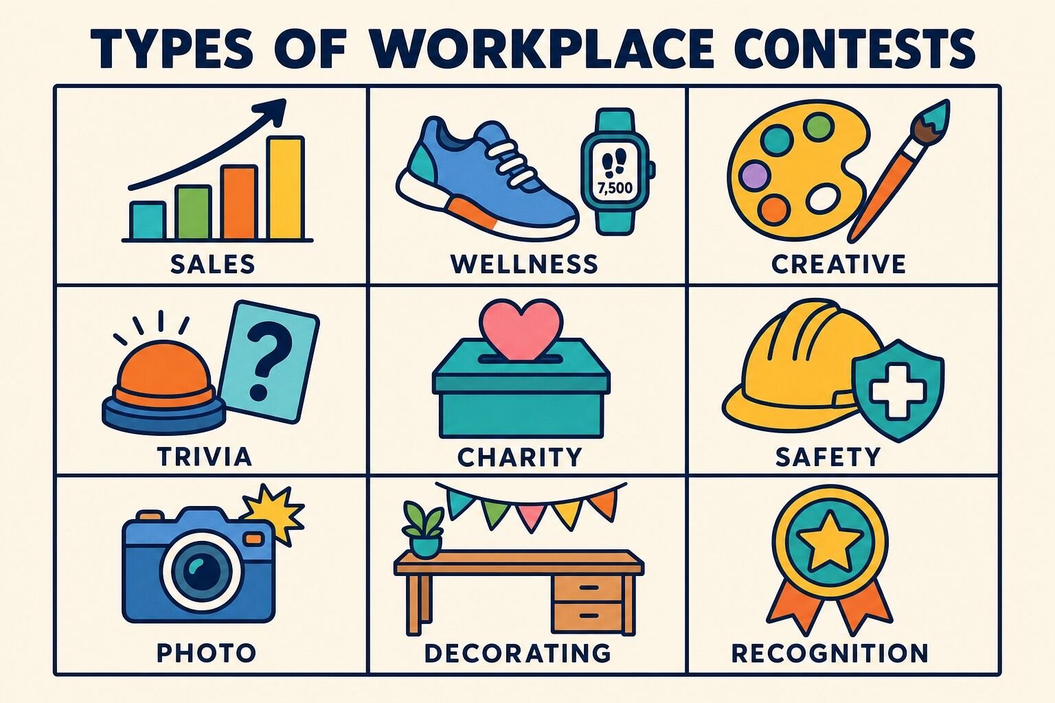 Nine types of workplace contests: sales, wellness, creative, trivia, charity, safety, photo, decorating and recognition