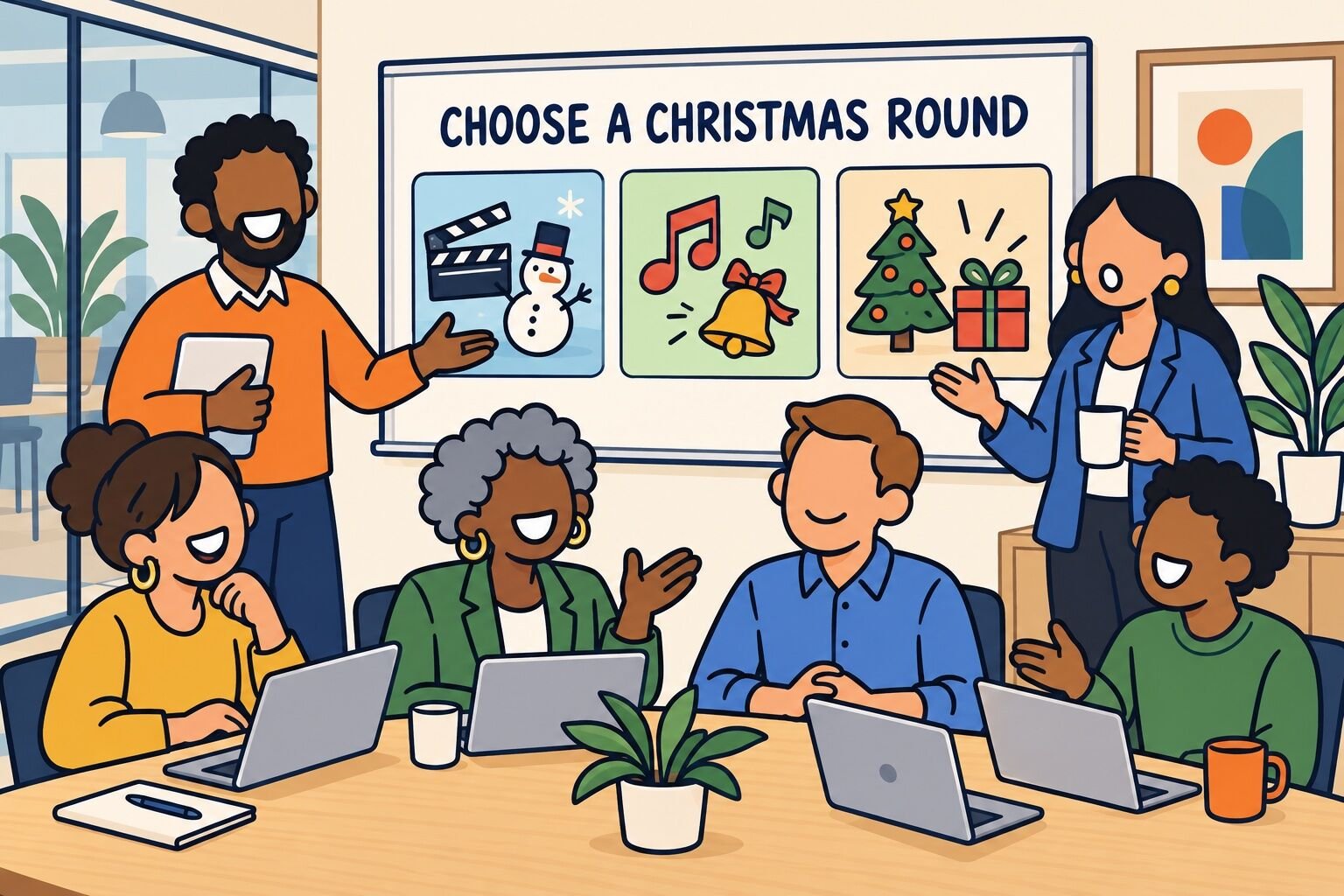 Three quiz categories represented by movie, music, and holiday tradition icons.