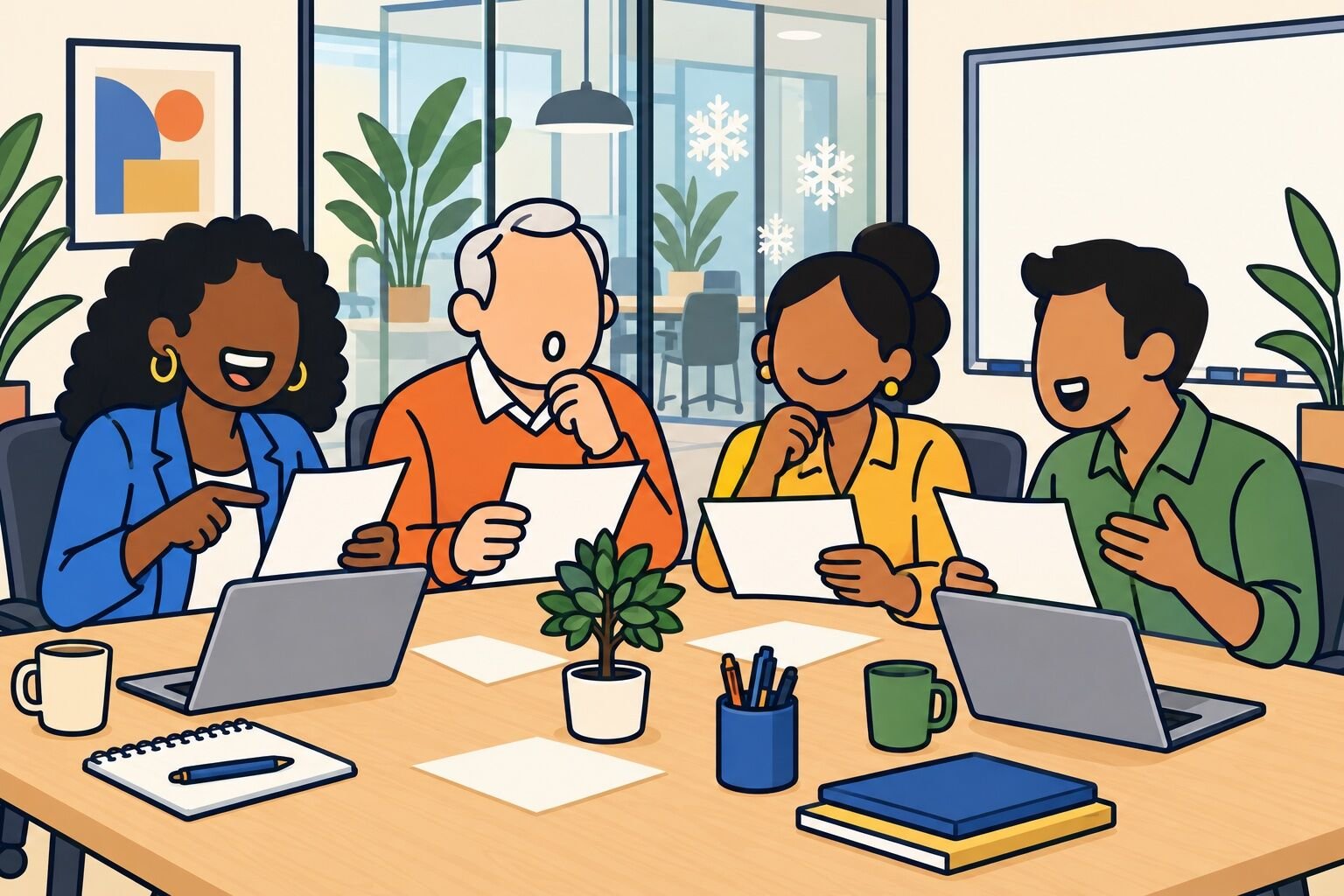 Coworkers compare trivia answer sheets at a festive office table.