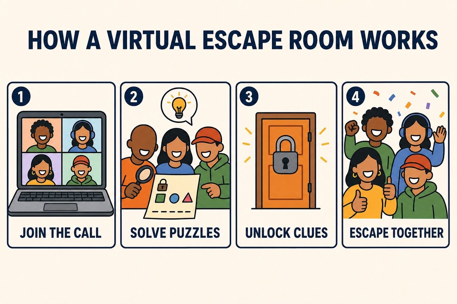 How a virtual escape room works: join the call, solve puzzles, unlock clues, escape together
