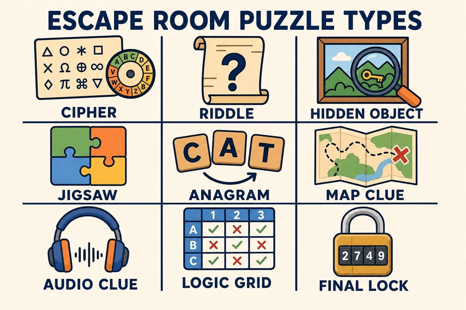Nine escape room puzzle types: cipher, riddle, hidden object, jigsaw, anagram, map clue, audio clue, logic grid, and final lock