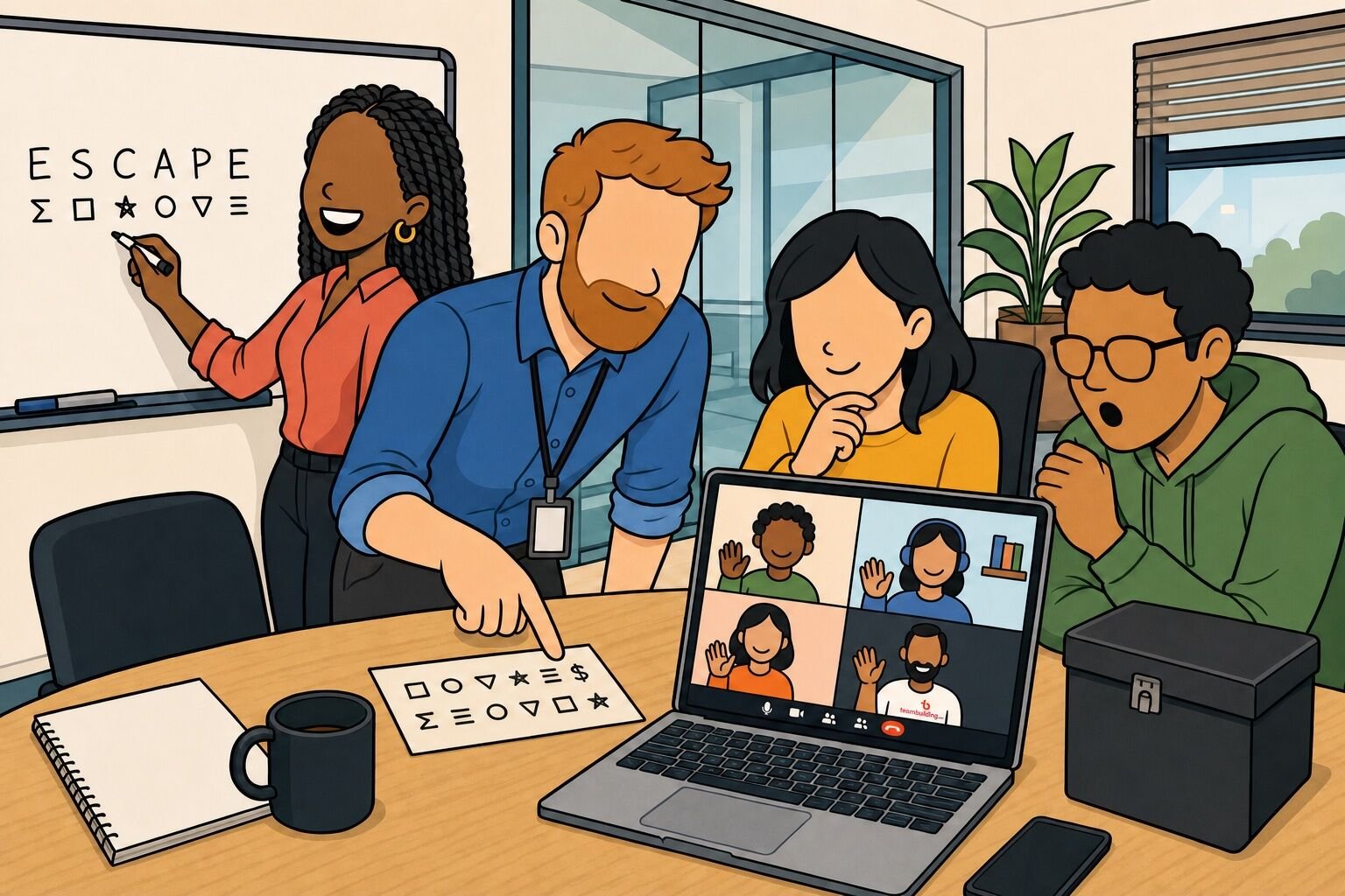 A work team in an office breakout room solving a virtual escape room cipher together on a laptop