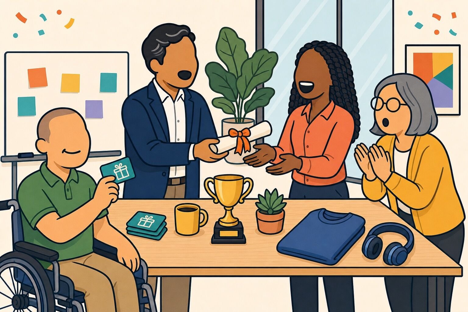 Coworkers celebrating at a prize table with a trophy, gift cards, a certificate, a mug and company swag