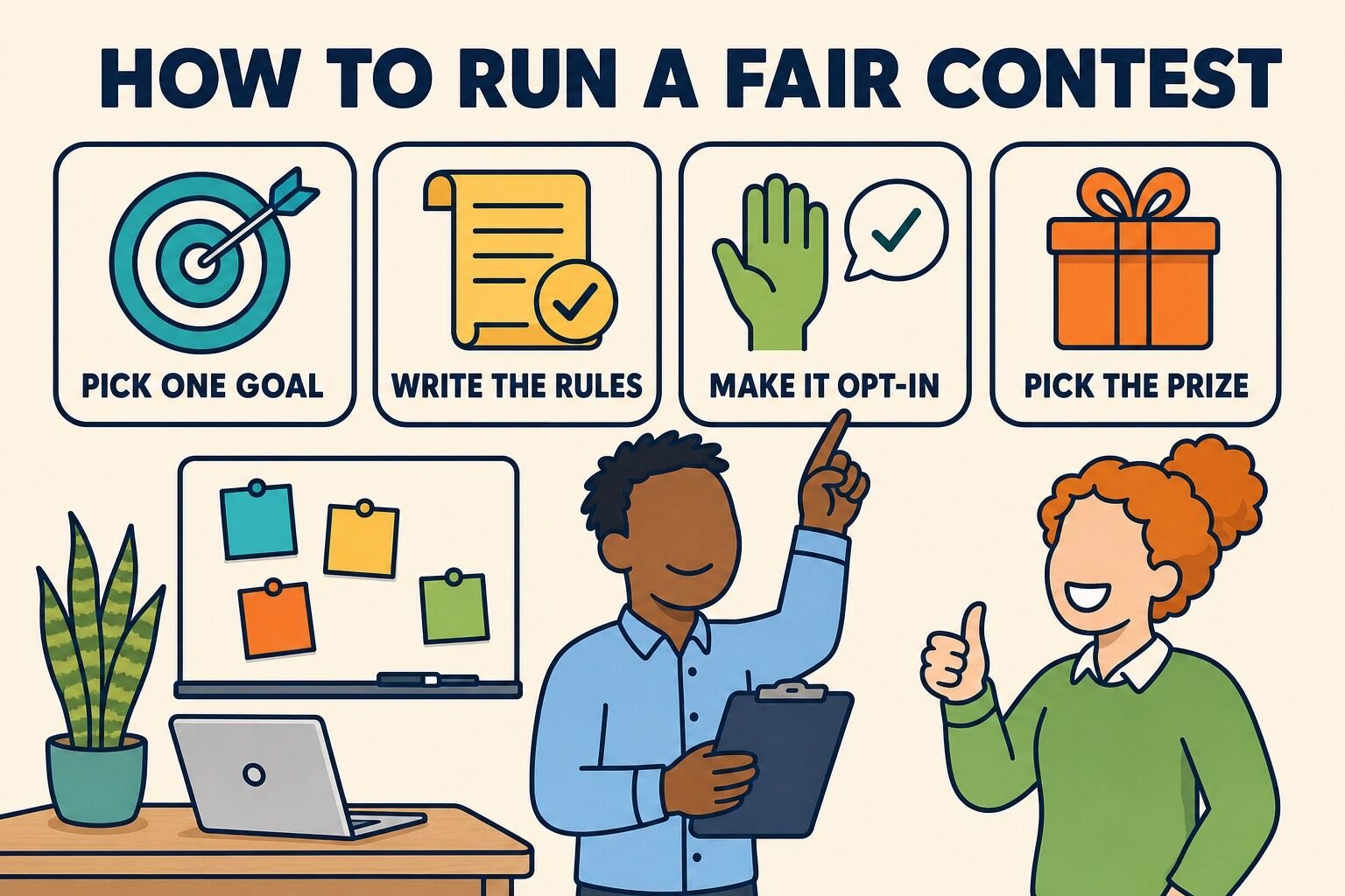 Four steps to run a fair workplace contest: pick one goal, write the rules, make it opt-in, pick the prize