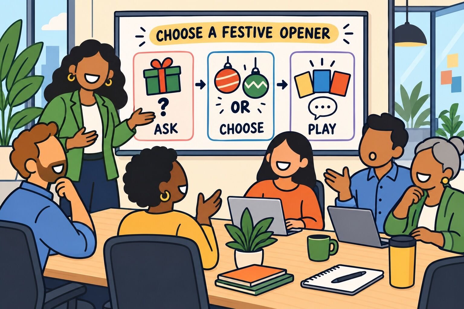 Choose a festive opener: ask a question, choose an option, or play a game.
