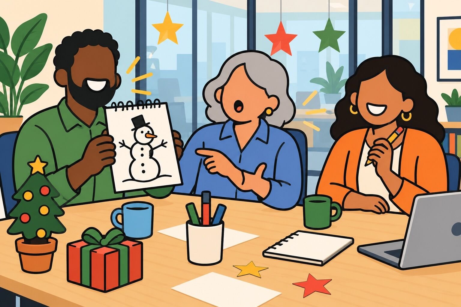Colleagues share a snowman drawing during a holiday sketch game.