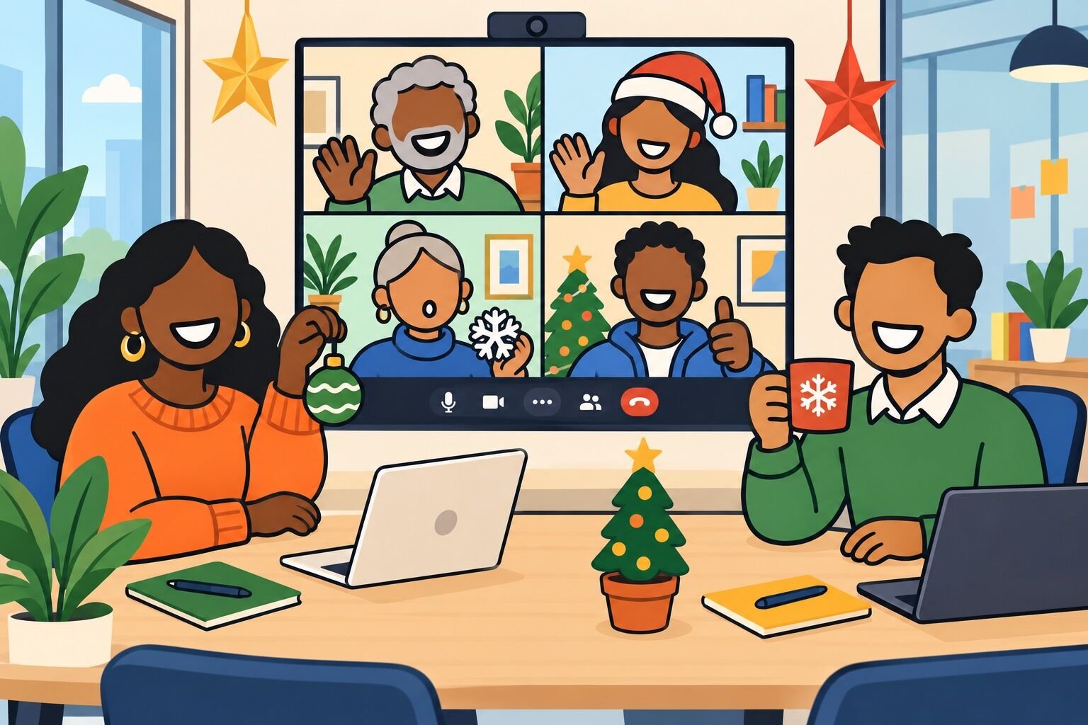 A hybrid team shares simple holiday props during a video call.