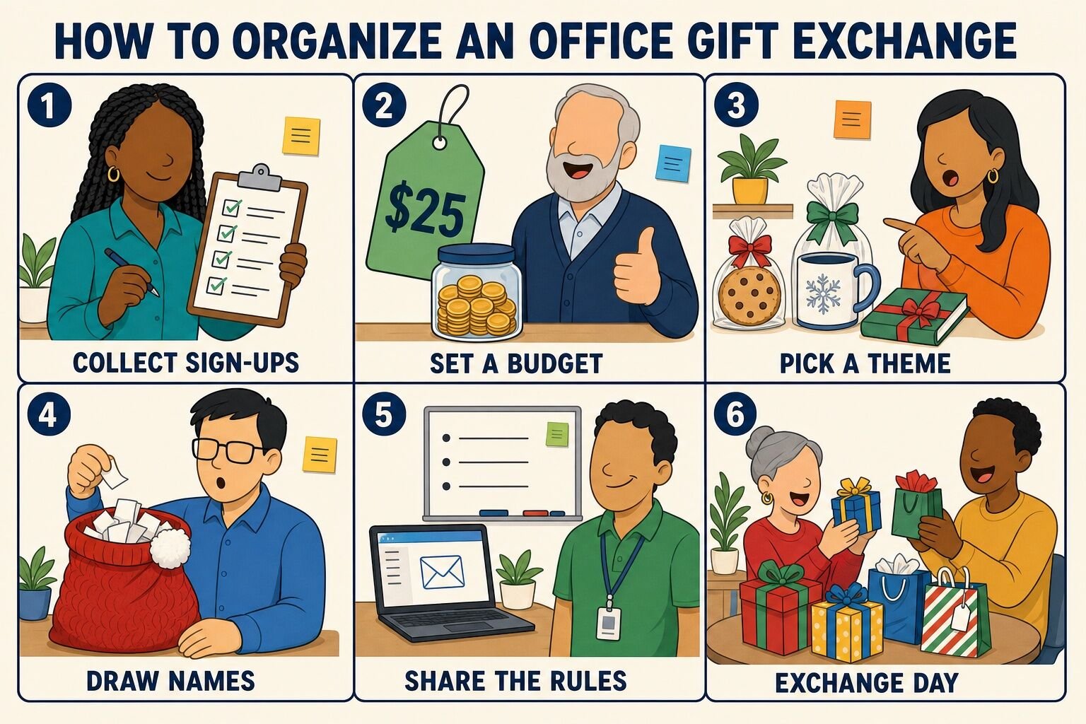 Six-step explainer for organizing an office gift exchange: collect sign-ups, set a budget, pick a theme, draw names, share the rules, exchange day