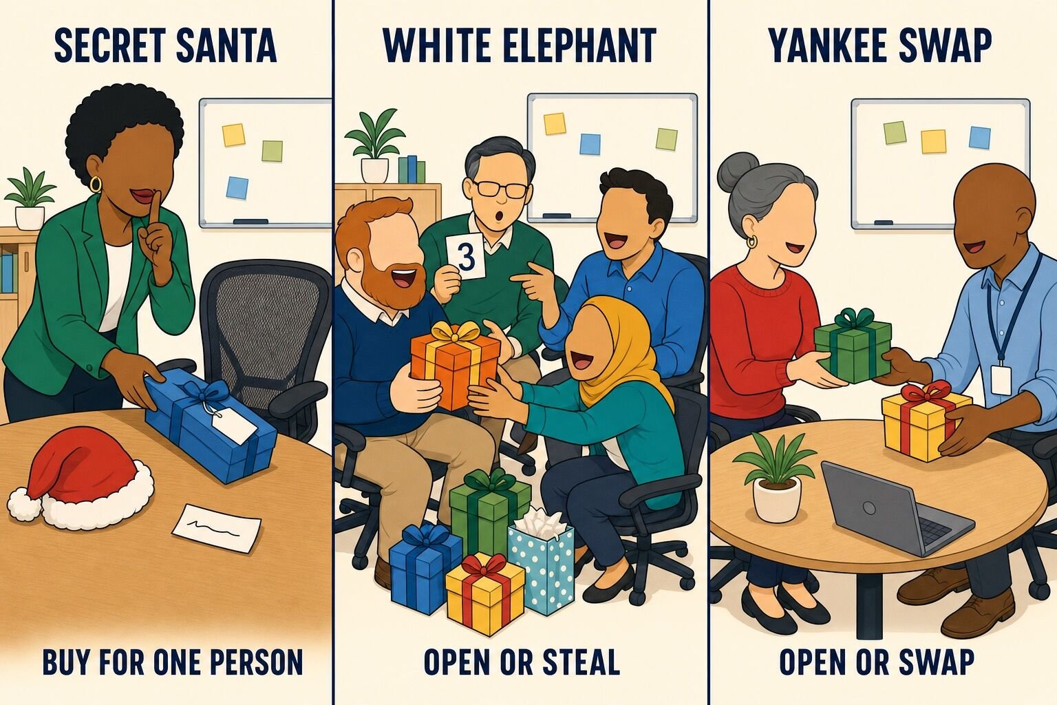 Three-panel comparison of Secret Santa, white elephant and Yankee swap gift exchange formats