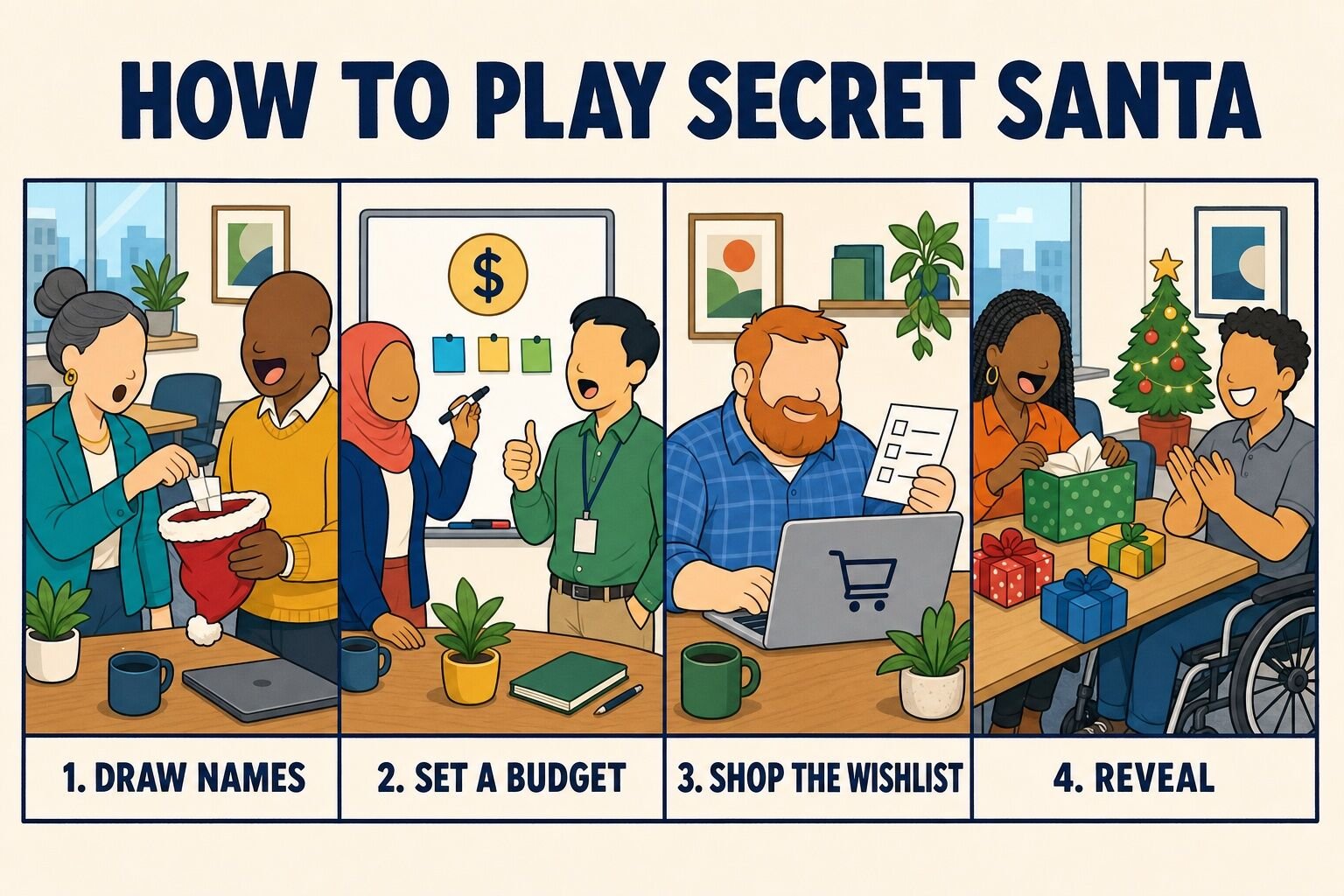How to play Secret Santa in four steps: draw names, set a budget, shop the wishlist, reveal
