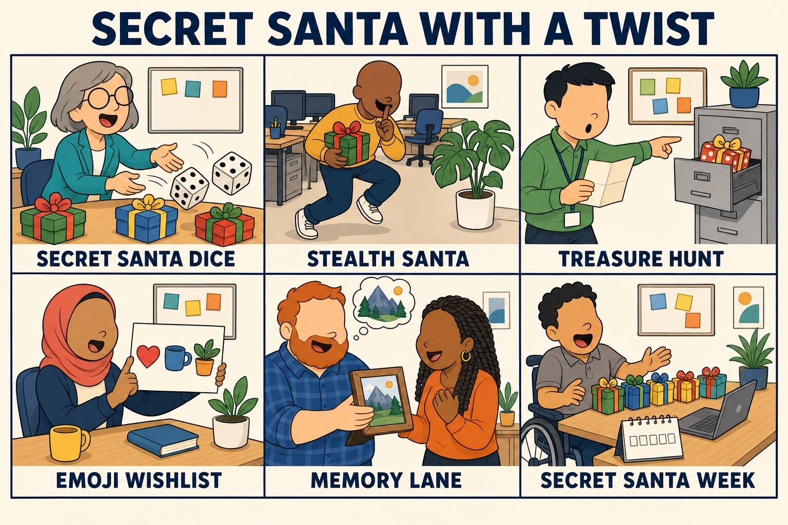 Six Secret Santa twists: Secret Santa Dice, Stealth Santa, Treasure Hunt, Emoji Wishlist, Memory Lane and Secret Santa Week