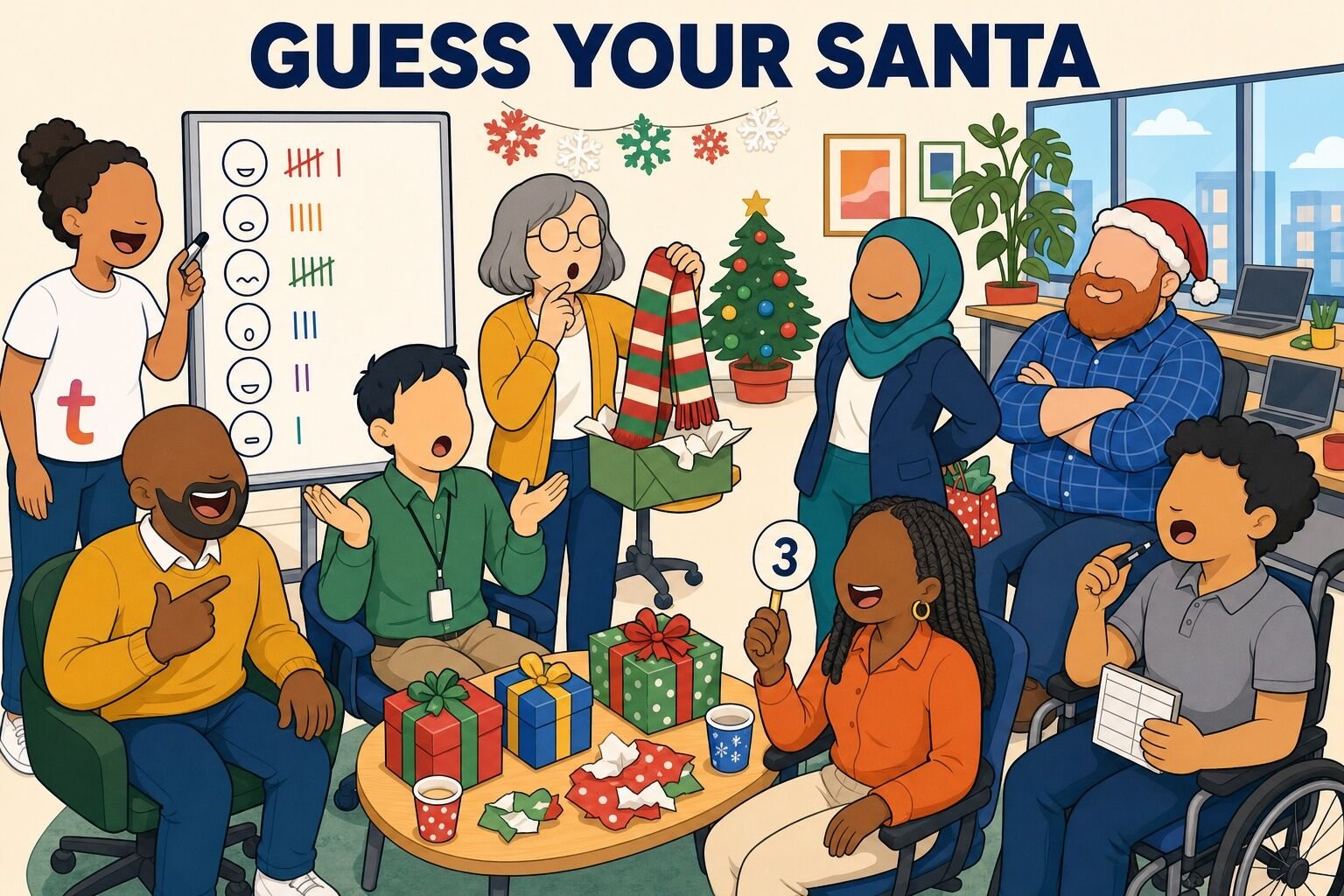 Guess Your Santa: a coworker holds up an opened gift while the team guesses who gave it and a host tallies guesses on a whiteboard