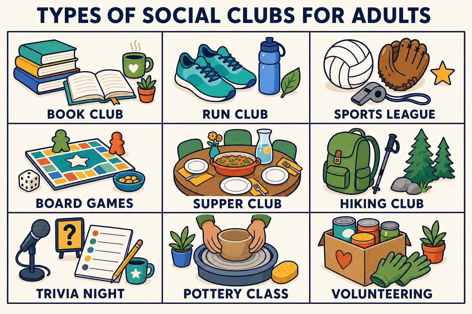 Grid of social club types for adults including book clubs, run clubs, pottery, board games, volunteering and trivia