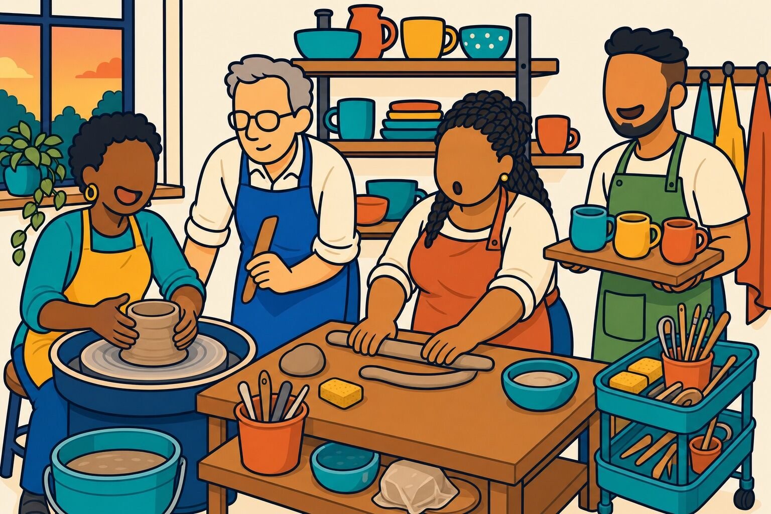 Adults making pottery together at a community studio class