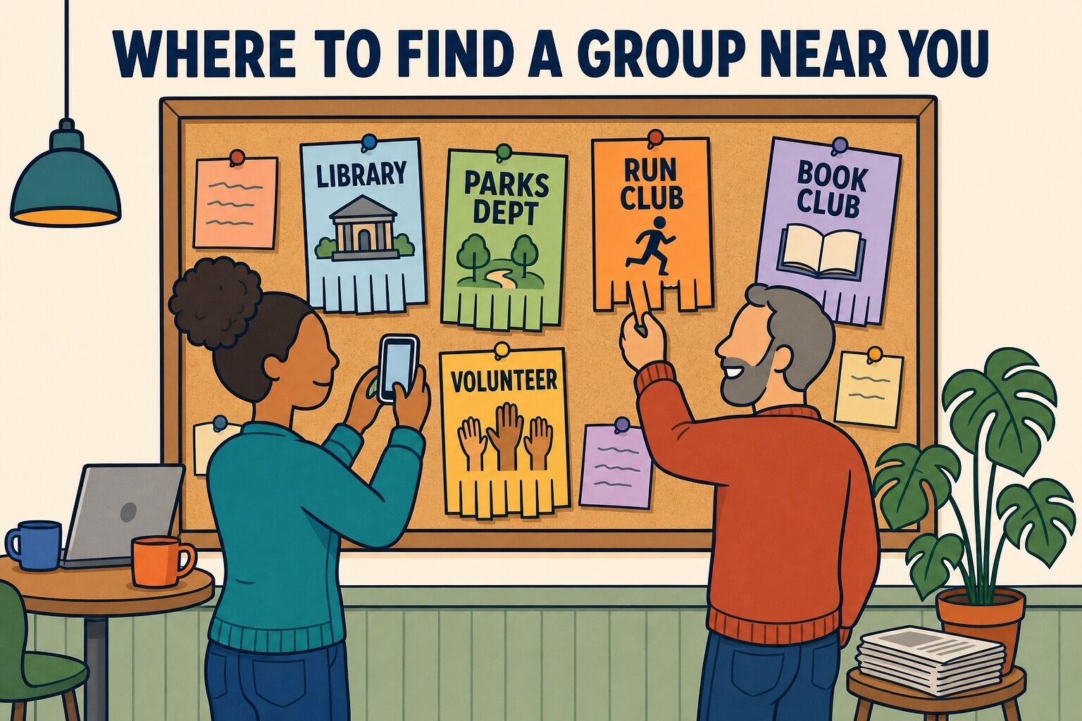 Community bulletin board with flyers for a library, parks department, run club, volunteer shift and book club