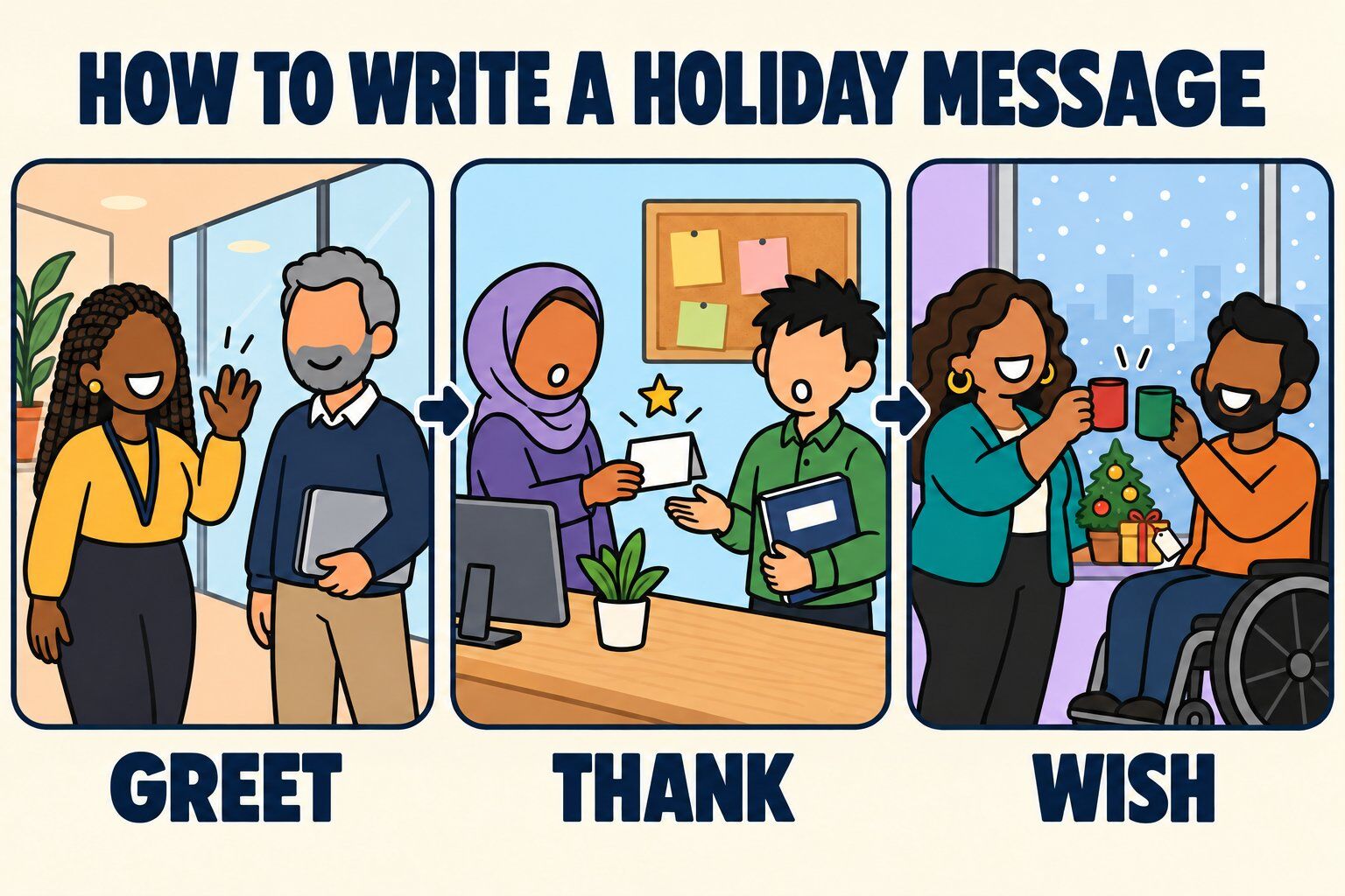 Three office panels labeled Greet, Thank and Wish: a woman waves to a colleague, a woman hands a card to a coworker holding a project binder, and two coworkers toast with mugs by a snowy window.