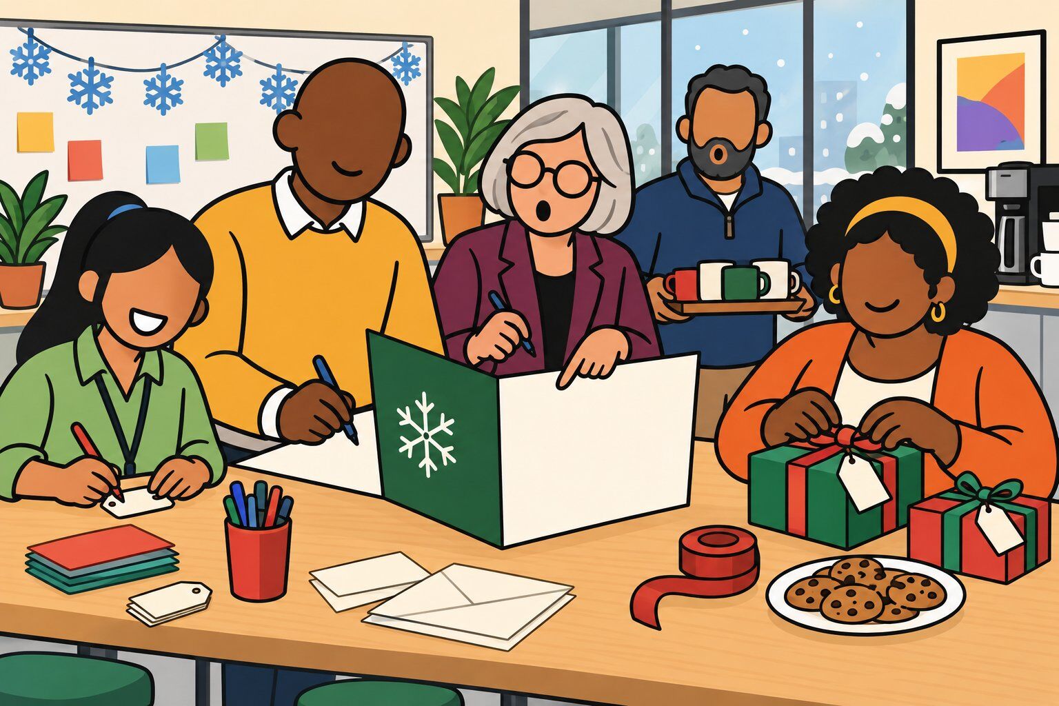 Coworkers in an office break area sign an oversized green holiday card, write gift tags and wrap presents next to a plate of cookies.
