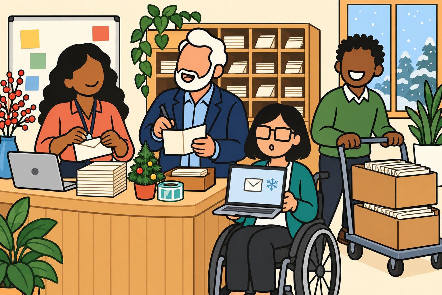 Office staff at a reception counter seal and sign stacks of holiday cards for clients while a colleague wheels a mail cart and another holds up a laptop with an email icon.