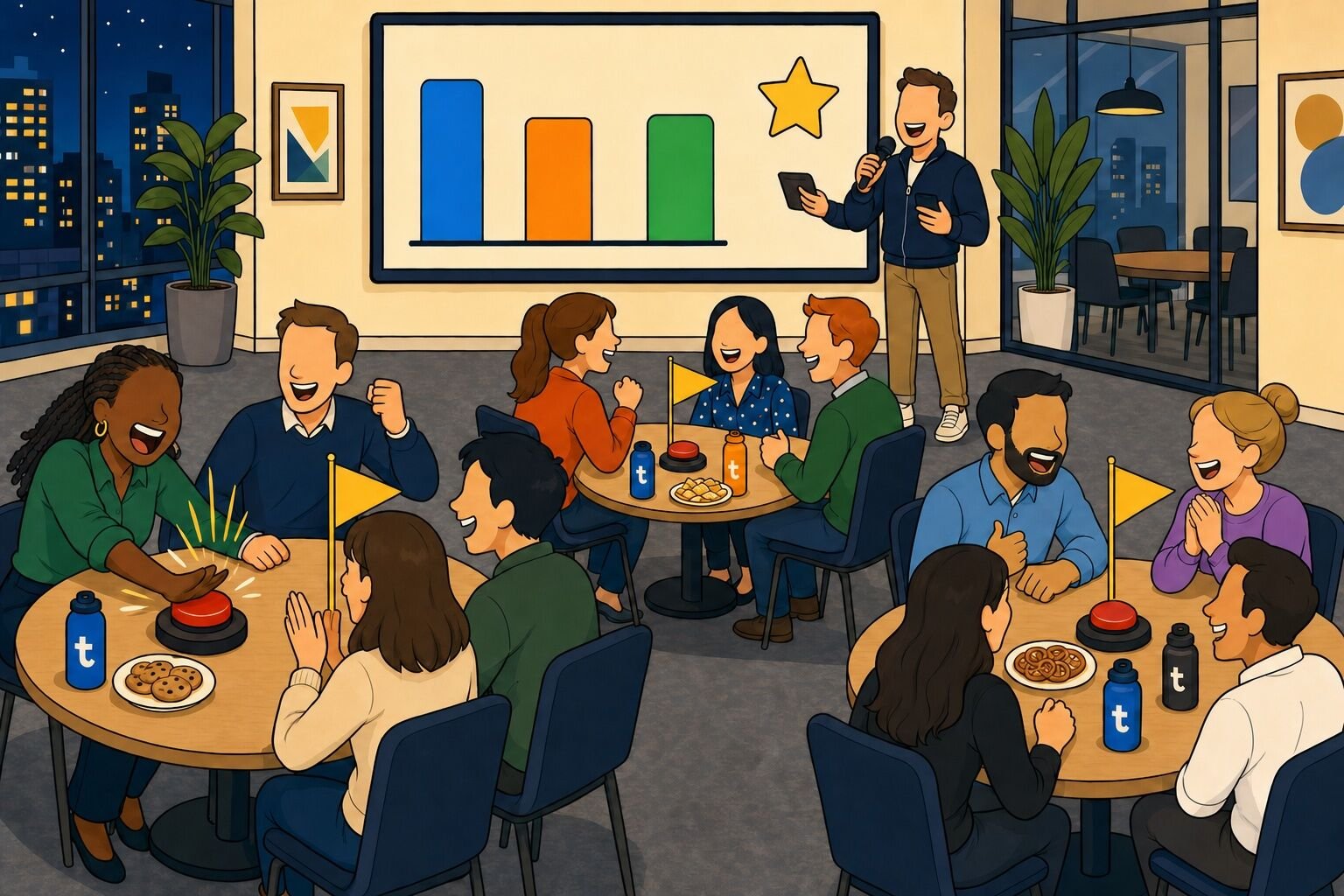 A company game show night in a large office room, with teams at round tables hitting buzzers and a host with a microphone at the front
